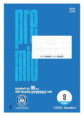 Staufen premio Schulheft - 10 Hefte je 16 Blatt, DIN A5, Lineatur 9 (10mm liniert mit Rand), 90 g/m² Recyclingpapier, runde Ecken verhindern „Eselsohren“