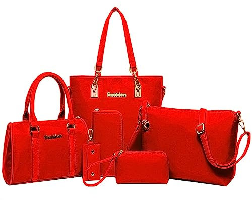 AlwaySky Nylon Damen Schultertasche Henkeltaschen Handtasche Tote Geldbörse Brieftasche Schlüsselfall Sechsteiliges Set (Rot)