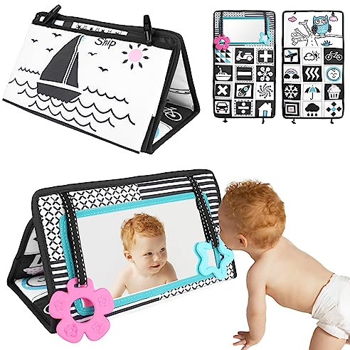 Weysoo Kontrastbuch Baby, Soft Babybücher, Kontrast Spielzeug Baby, Baby Buch Mit Spiegel, Schwarz Weiß Buch Baby, Baby Spiegel, Stoffbuch Baby Für Jungen Mädchen Babyparty
