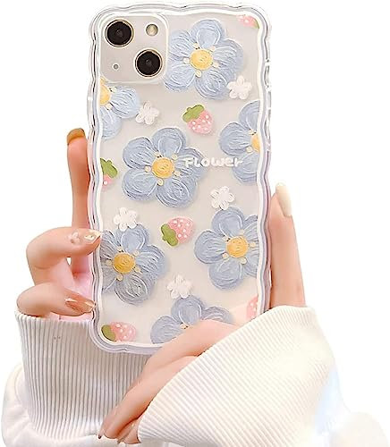 EYZUTAK Blume Handyhülle für iPhone 14,Transparent Hülle mit Niedliche Blume Erdbeermuster,Gewellte Rahmen Weiche Handyhülle mit Süßes Blumen Ästhetik Design Silikon Case Stoßfest Schutzhülle-Blau