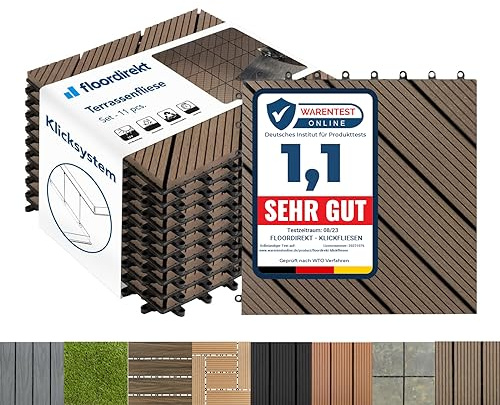 Floordirekt WPC Fliesen 30x30 cm, 1m² = 11 Terrassenfliesen, Klickfliesen, Balkonfliesen in Holzoptik - Bodenbelag für Balkon & Terrasse - wetterfest mit Drainagefunktion | Dunkelbraun | Classic