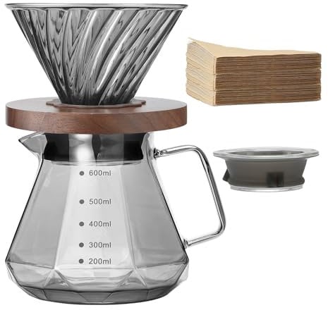 Lalord Pour Over Cafetera, jarra de vidrio de borosilicato de 20 onzas con filtro de papel V60, 80 hojas, mango de nogal y tapa de cafetera, cafetera de goteo para cafetería en casa, restaurante,