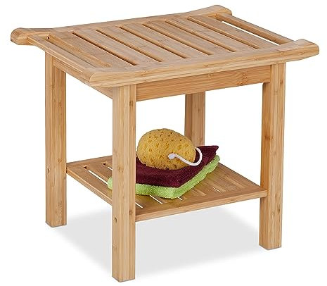 Relaxdays Badhocker aus Bambus, extra Ablagefläche & Griffe, HxBxT: 45 x 55 x 40,5 cm, Stauraum in Flur & Bad, Natur
