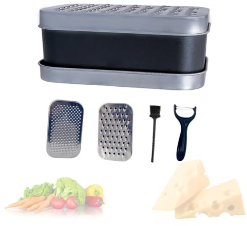 JagKul Cheese Grater Set with Container, 2 Stainless Steel Cutters, Lid, Peeler & Cleaning Brush - Kitchen Vegetables Chopper Set (Black)