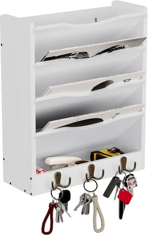 Senhoglb 5 Tier Hanging Wall File Holders Letter Size Wall File Organiser Wood Mail Organiser with 6 Hooks, White