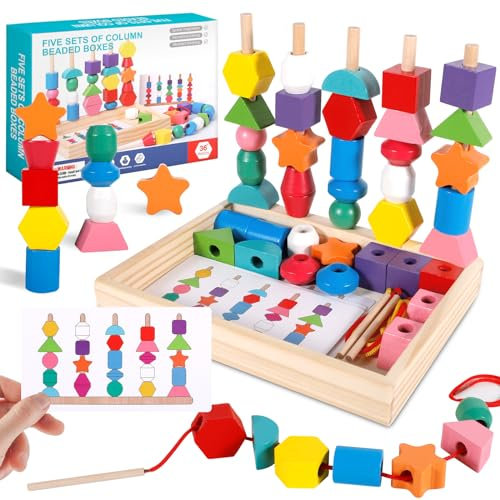 POWZOO 3-in-1 Spielzeug aus Holzschnürperlen,Fädelspiel,Stapelspielzeug,Sortierspiel,mit Karten und Aufbewahrungsbox,Montessori Spielzeug ab 2-5 Jahre,Lernspielzeug,Geschenke für Jungen und Mädchen.