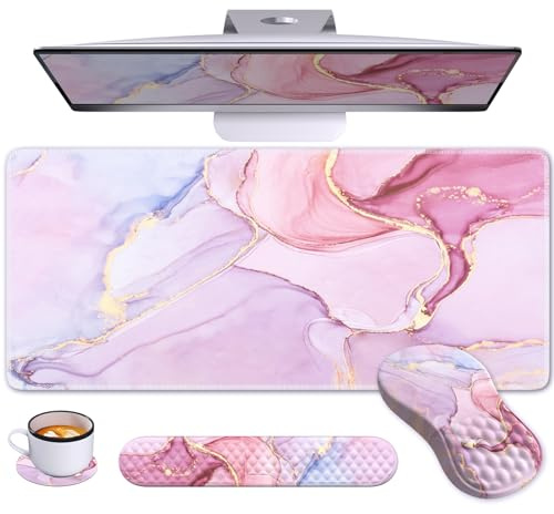 Anyshock Tapis de bureau rose, grand tapis de souris avec repose-poignet, support ergonomique pour clavier, tapis de souris pour canal carpien, coussin XXL avec sous-verre, tapis de clavier