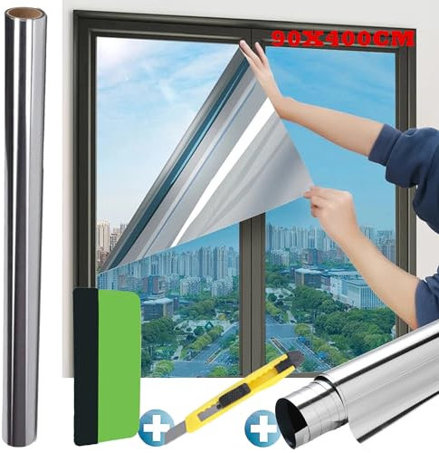 Sonnenschutzfolie, UV-Schutz Sonnenschutzfolie Fenster Innen Oder Außen, Silber reflektierende Fensterfolie, Spiegelfolie Selbstklebend, Rückstandslose Sonnenschutz Folie (90 x 400 cm)