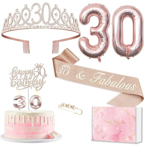 Deko 30 Geburtstag Frau, 30. Geburtstagskrone und Schärpe, Happy Birthday Tortendeko und Kerzen, Roségold Folienballon 30,Geburtstagsgeschenk für 30 Jahre Frau