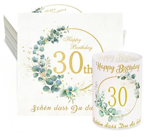32 Eukalyptus Servietten 30. Geburtstag + 8 Windlicht Tischdeko Schön Dass Du Da Bist Deko für Frauen Männer Happy Birthday Windlichter