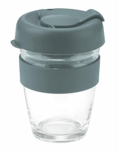 Reusable Glass Coffee Cup/Travel Mug with Lid - Heat Resistant Sleeve Surround Eco Friendly with Plugged Removable Lid (Grey)