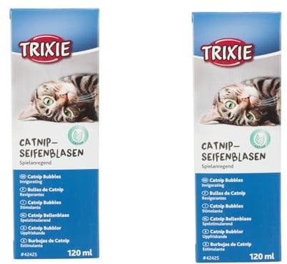 Trixie Catnip Seifenblasen | Doppelpack | 2 x 120 ml | Seifenblasen die unterstützend spielanregend Sein können | Enthält Extrakt aus Katzenminze zur unterstützenden Anregung des Spieltriebs