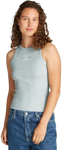 Calvin Klein Damen Tank Top Monologo Rib Skinny Fit, Türkis (Cloud Blue), XS