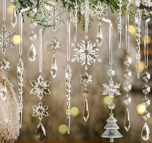 Acrylic Christmas Ornaments, 24 Pcs White Christmas Crystal Clear Snowflakes Glitter Icicles Drop Christmas Tree Party Hanging Decorations