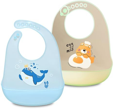EIHI bavoir silicone bebe, 2 pièces bavoirs étanches en silicone, bavoir bebe pour Bébé Imperméable,Bavoir d'alimentation pour bébé avec 6 boutons réglables, sans BPA, facile à nettoyer