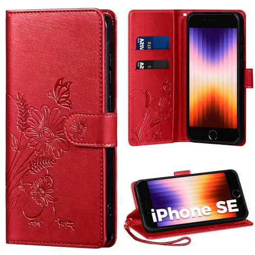 Handyhülle für iPhone SE/7/8 Hülle, Schutzhülle für iPhone SE 2022 PU Lederhülle Tasche Flip Case Kartensteckplätzen Klapphülle Kompatibel mit iPhone SE 2020 Hülle, Rot