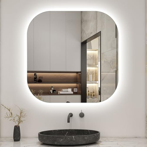 Biubiubath Quadratische LED -Badspiegel 80x80cm Wand/Touchschalter Beschlagfrei Kaltweiß Dimmbar Badspiegel mit Beleuchtung Badezimmerspiegel IP44