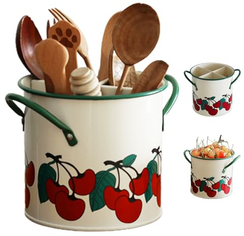 Kitchen Utensil Holder Vintage Cherry Painted Utensil Caddy with Detachable Divider 4 Compartment Iron Utensil Organizer with Drain Hole Retro Kitchen Accessories