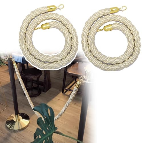 WhamtL Absperrkordel Beige Geflochtene Hanfseile mit Metallhaken, 2er-Set Absperrseile aus Samt, Cremefarbenes VIP-Seil für Warteschlangen Auf Partys und Hochzeiten, Roter Teppich(Gold Hook,3m/9.8ft)