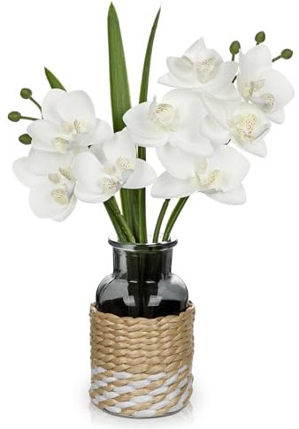 Arborus Orchidea finta con vaso di vetro boho, 29 cm, orchidea bianca, fiori artificiali in vaso di vetro nero intrecciato orchidee finte Phalaenopsis per tavoli di nozze, centrotavola, fattoria