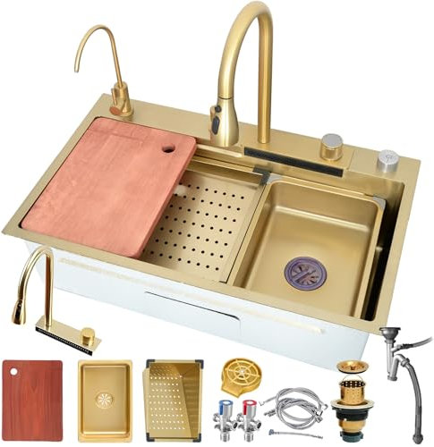 Lavello Cucina A Cascata In Acciaio Inox Nero – Lavello multifunzione ad una vasca Con Rubinetto Estraibile A 360°, Lavabicchieri, Cestello Di Scarico E Rivestimento Nano, Facile Da Pulire(Gold#a,75x4
