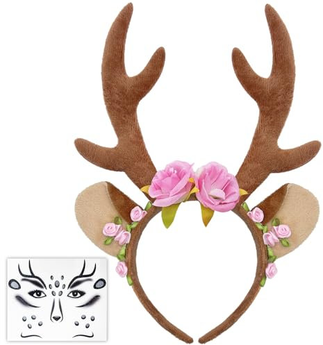 DADAPANGHU Halloween Kostüm Damen Mädchen, Reh Haarreif Damen, Reh Geweih Haarreif + Glitzer Gesichtstattoo Karneval Fasching Mottoparty Cosplay
