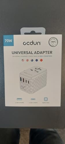 ocdun Universal Travel Adapter 70W GaN III, International Plug with UK/EU/AU/US, 2 USB-C PD, USB-A Ports, AC Socket, Worldwide Charger for Laptops, Phones, Tablets and More (White, 70W)