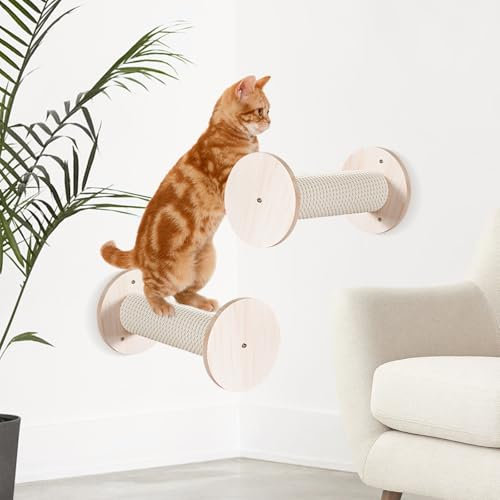 Teeloray Kletterwand Katzen, Katzentreppe 30cm Massives Kiefernholz Katzenleiter Katzen Kletterwand Kit mit Hanfseil Kratzbaum Wandmontage(2er-Pack)