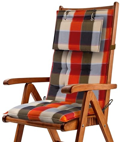 Beautissu 7er Set Premium Hochlehner Auflage Kopfpolster 120x50cm Sun-HL – 8cm Dick Polster Gartenstuhlauflage rutschfest Befestigungsbänder UV-Lichtechtheit 5 – Robust Stoff Orange Beige kariert