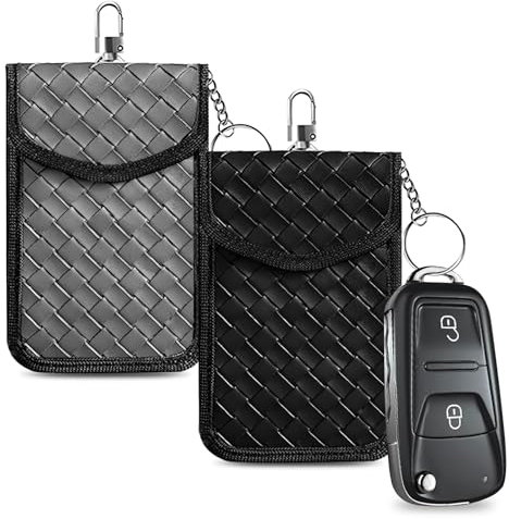 Signalblocker-Tasche für Autoschlüssel, 2 Stück, Signalblockiertasche für Autoschlüssel, PU-Leder, RFID-Autoschlüsseltasche, schwarz und grau, Schlüsselschutz, Signalblocker-Tasche