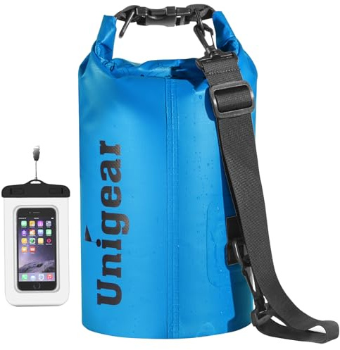 Unigear Dry Bag 2L 5L 10L 20L 30L 40L 55L, wasserdichte Tasche Rucksack SUP | Wasserdichter Beutel, Seesack Packsack mit Handytasche, Waterproof bag für Boot Kajak Angeln Rafting Schwimmen Camping Strand