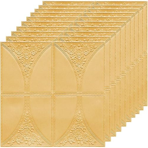 OZSSD 10 Panneaux décoratifs muraux, Papier Peint Autocollant, Stickers muraux 3D acoustiques imperméables Amovibles, 70x70cm pour la Chambre au Plafond,Beige