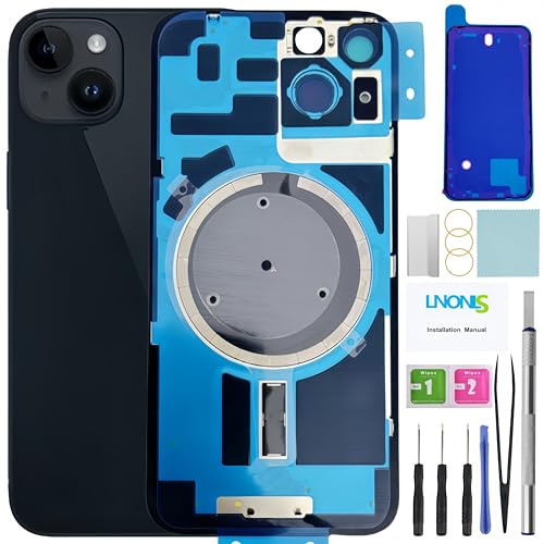 LNONLS 14 Ersatz-Rückglas für iPhone 14, Rückabdeckung, Glas mit wasserdichtem Rahmen und Kameraobjektiv, professionelles Reparaturwerkzeug-Set (Mitternacht)