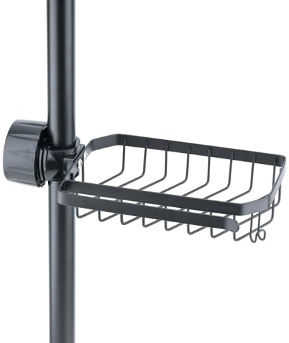 YoHyien Stainless Steel Shower Caddy No Drill, Shower Soap Holder for Riser Rail 22-32 mm, Clip on Bathroom Shelf, Sponge Holder with Dish Cloth Hanger for Kitchen Sink Faucet (Black)