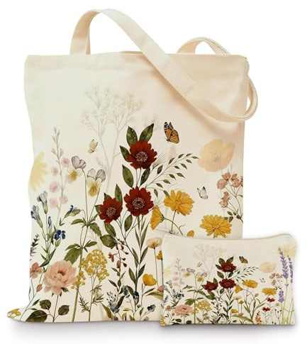 2 Stück Handtasche Damen & Kosmetiktasche Set, Wunderschöne Blumenmuster Shopping Bag & Make Up Tasche, Doppelseitig Druckt Einkaufstasche Schminktasche, Einzigartig Geburtstagstüten