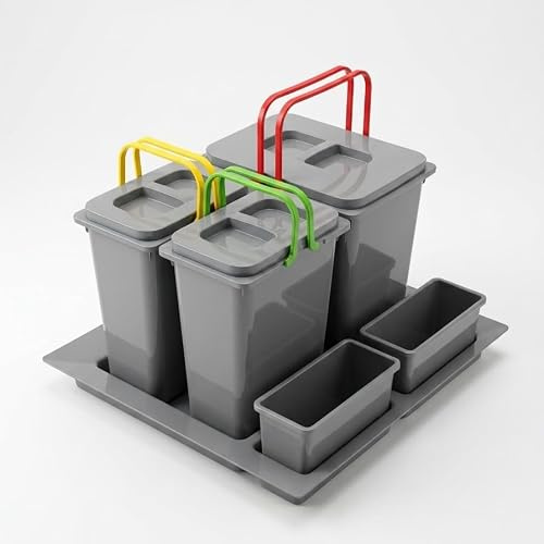 FurniFit Mülltrennsystem Küche für 60 cm Schrank 3-fach 52,5x49x40 cm (1x 20L + 2x 9L) mit Deckel Einbau Abfallsammler für Schubladen Küchenabfalleimer Abfalltrennung Abfallbehälter Set Silberfarben