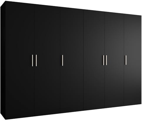 MEBLE KRYSPOL - Kleiderschrank - Garderobenschrank - 300 cm x 202 x 52 cm - Schrank mit Kleiderstange, 6 Türen - für Schlafzimmer, Flur - BARI, Schwarz, Griff Silber