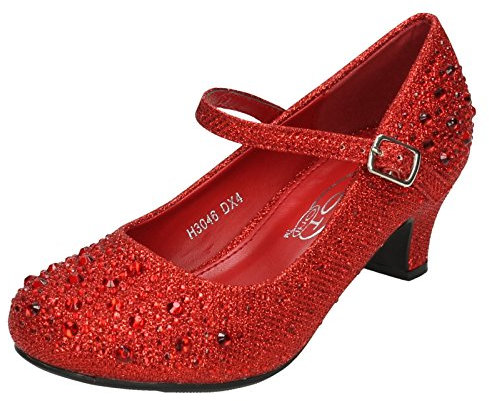 Girls Junior Spot On Sparkly Kitten Heel Party Shoes H3046 - Red Synthetic Glitter - UK Size 2 - EU Size 34 - US Size 3