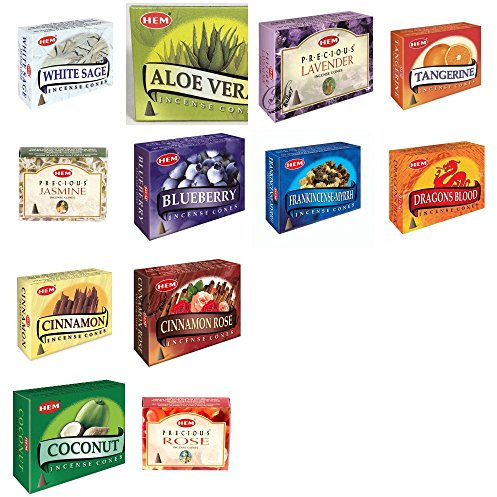lot de 12 boites de cones hem - Aloe Vera, Myrtille, Cannelle, Cannelle Rose, noix de coco, Dragon Blood, encens et myrrhe, lavande, jasmin précieux, précieuse Rose, Mandarine et sauge blanche