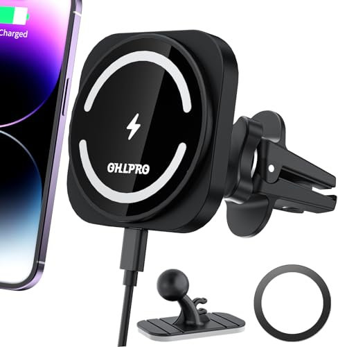 OHLPRO Magnetic Wireless Car Charger for Magsafe Car Mount and iPhone 15/14/13/12 Pro Max Mini, Super Strong Magnetic Fast Charging Car Phone Holder Air Vent Mount with Stick on Dashboard