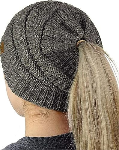 WEKNOWU Damenhut, Soft Stretch Zopfmuster Unordentlich High Bun Pferdeschwanz Mütze (Dunkelgrau)