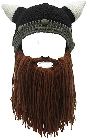 YEKEYI Baby Erwachsene Bart Wikinger Strickmütze mit Hörnern Barbar Lustige Beanie Cap Handgefertigt
