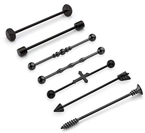 PiercingJak 7-10pcs 14G 16G Stainless Steel Long Industrial Barbells Ear Cartilage Helix-Conch Piercing Bar Earrings Stud 38mm 48mm 59mm