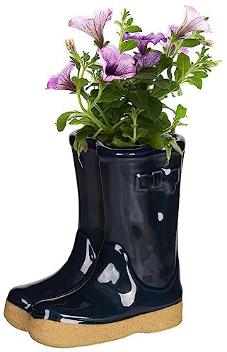 Dibor Petite Midnight Blue Ceramic Double Wellington Boot Shaped Indoor/Outdoor Plant Pot Christmas Gardening Gift