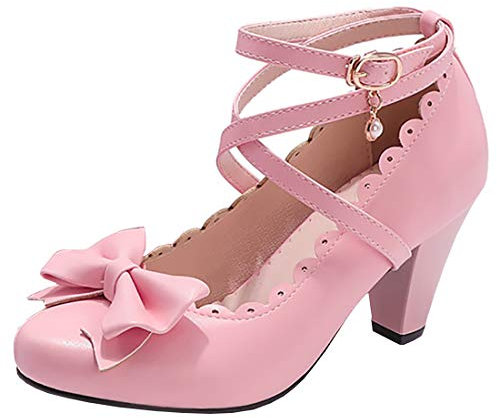 Etebella Damen Mary Jane High Heels Pumps mit Riemchen und Blockabsatz Rockabilly Schleife Schuhe (Rosa,39)