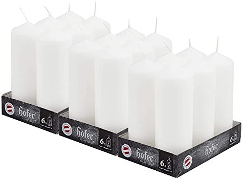 Hofer - Stumpenkerzen Säulenkerzen, 18 Stück Set, Lange Brenndauer ca. 54 Stunden, Durchmesser 6 cm, Höhe 16,5 cm, Farbe - Weiß, kein Duft, Tropffrei Wachskerzen, Hergestellt in Österreich