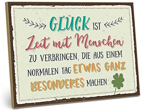 ARTFAVES® Wandbild Holzschild mit Spruch - GLÜCK - Zeit mit Menschen - Türschild Retro Vintage Deko Bild Geschenk - Glücklichsein, Freundschaft, Familie