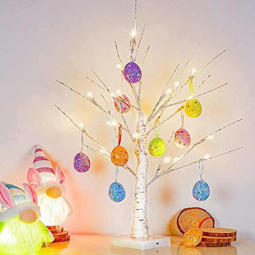 kemooie 61 cm vorbeleuchteter weißer Birkenbaum mit 10 hängenden Osterei-Ornamenten, 24 LED-Lichtern, batteriebetrieben, Ostertischdekoration für Party, Geburtstag, Ostern, Frühlingsdekoration