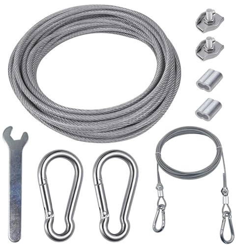 aufodara 2m Drahtseil 3mm mit PVC-ummantelt Edelstahlseil, mit Edelstahl Karabiner M6, Aluminium-Crimpschlaufe, Drahtseilklemme und Mini Schraubenschlüssel, für Lanyard Wäscheleinen Zeltseilen (2M)