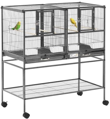 PawHut Doppia Gabbia per Uccelli in Metallo di Alta Qualità con Vassoi Estraibili, Supporto Stabile con 4 Ruote e Ripiano, 95x45.5x102cm, Nero Grigio